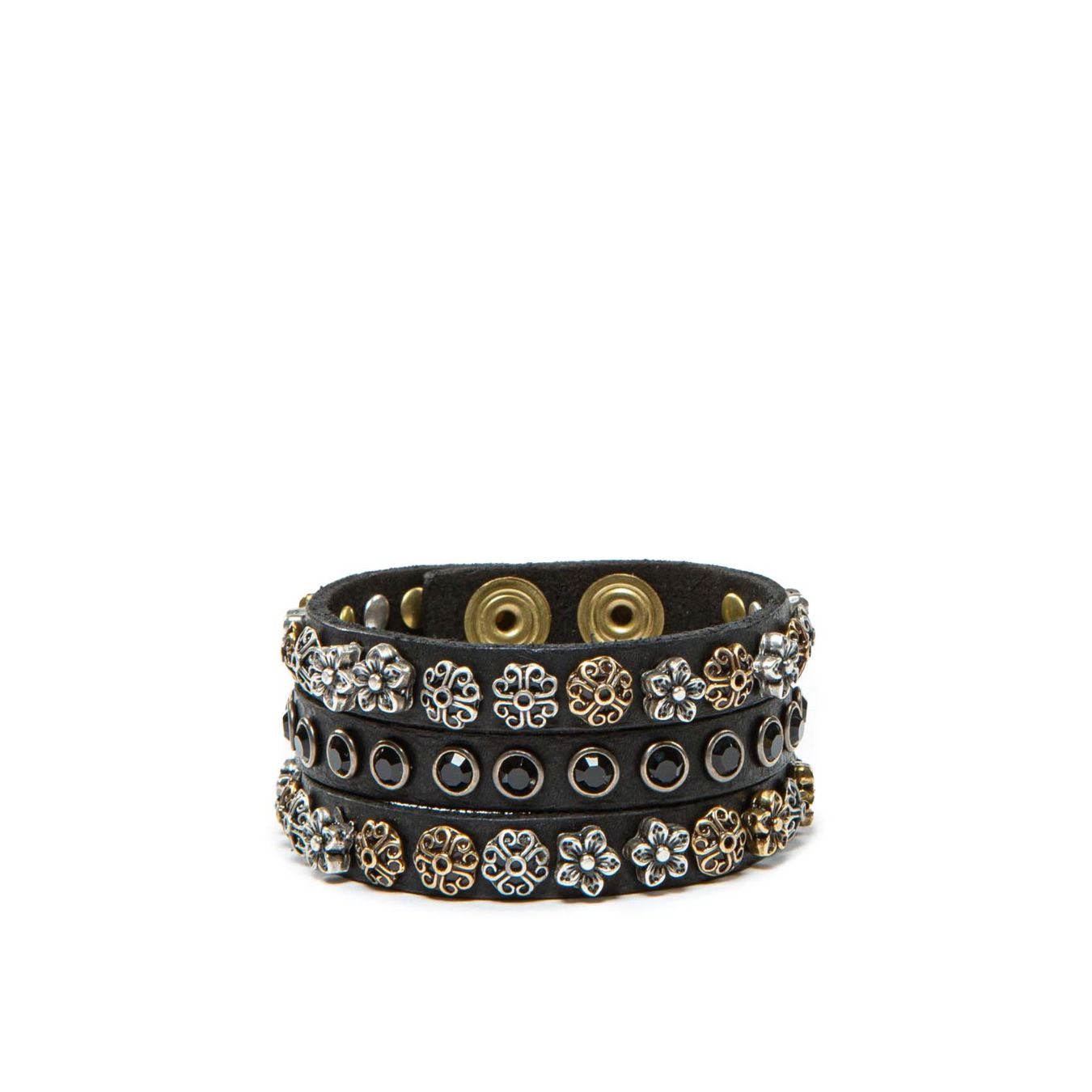 bracciale con rivetti e strass in pelle nera 