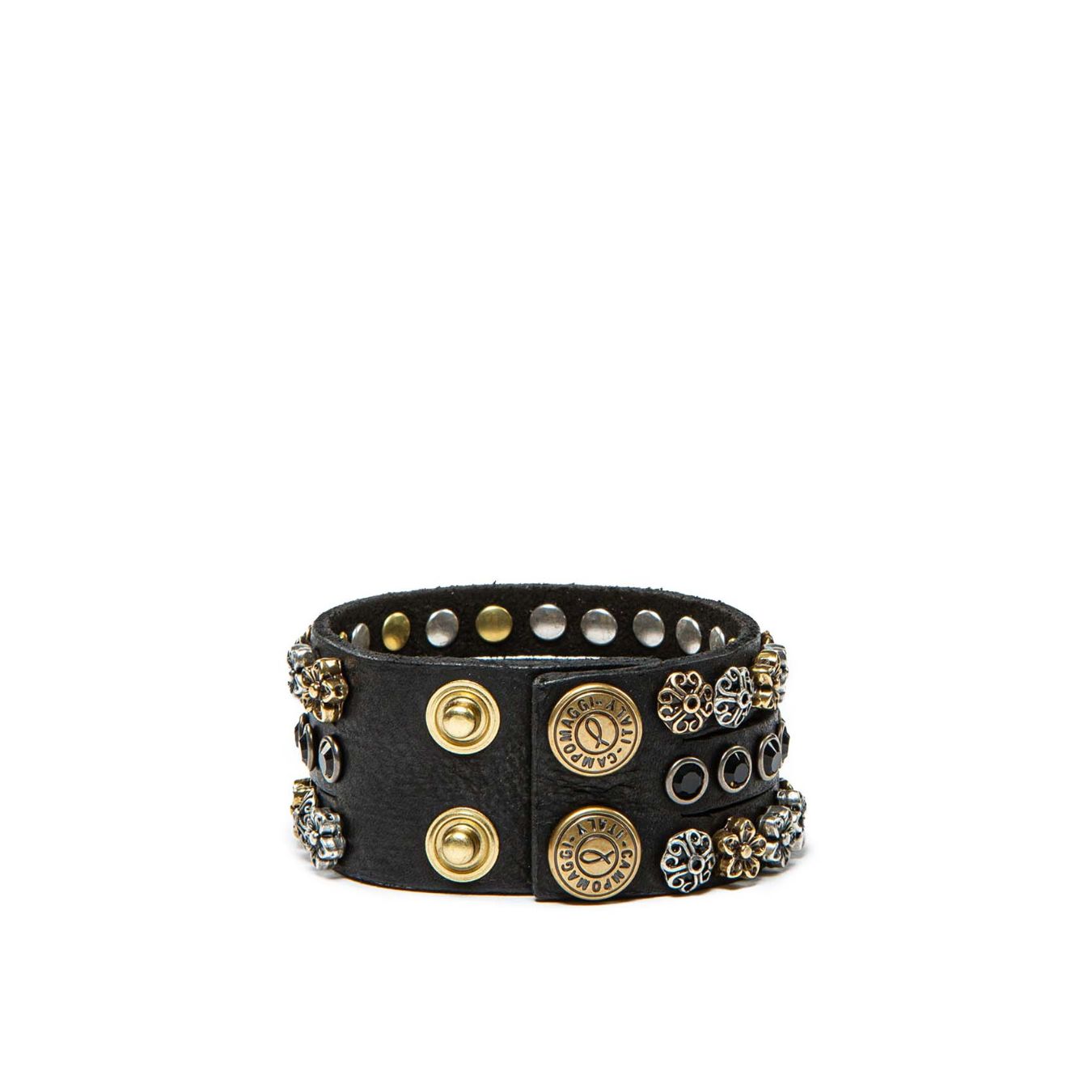 bracciale con rivetti e strass in pelle nera 