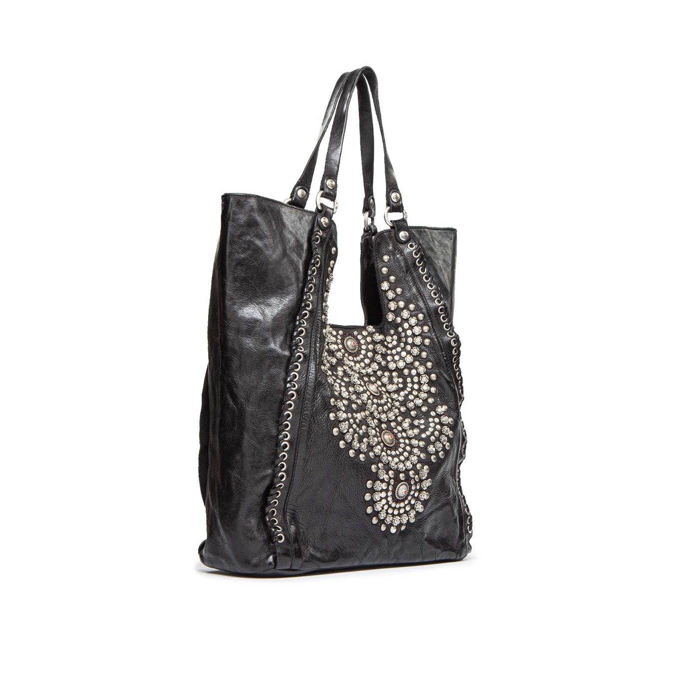 CAMPOMAGGI shopper CAMELIA con rivetti in pelle nera lato