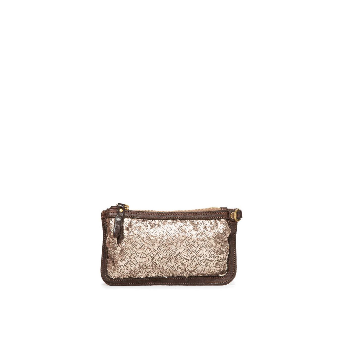 clutch in pelle marrone e paillettes