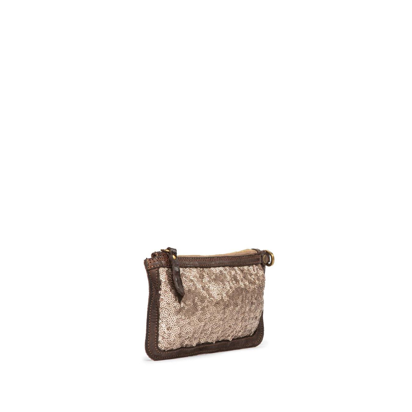 clutch in pelle marrone e paillettes