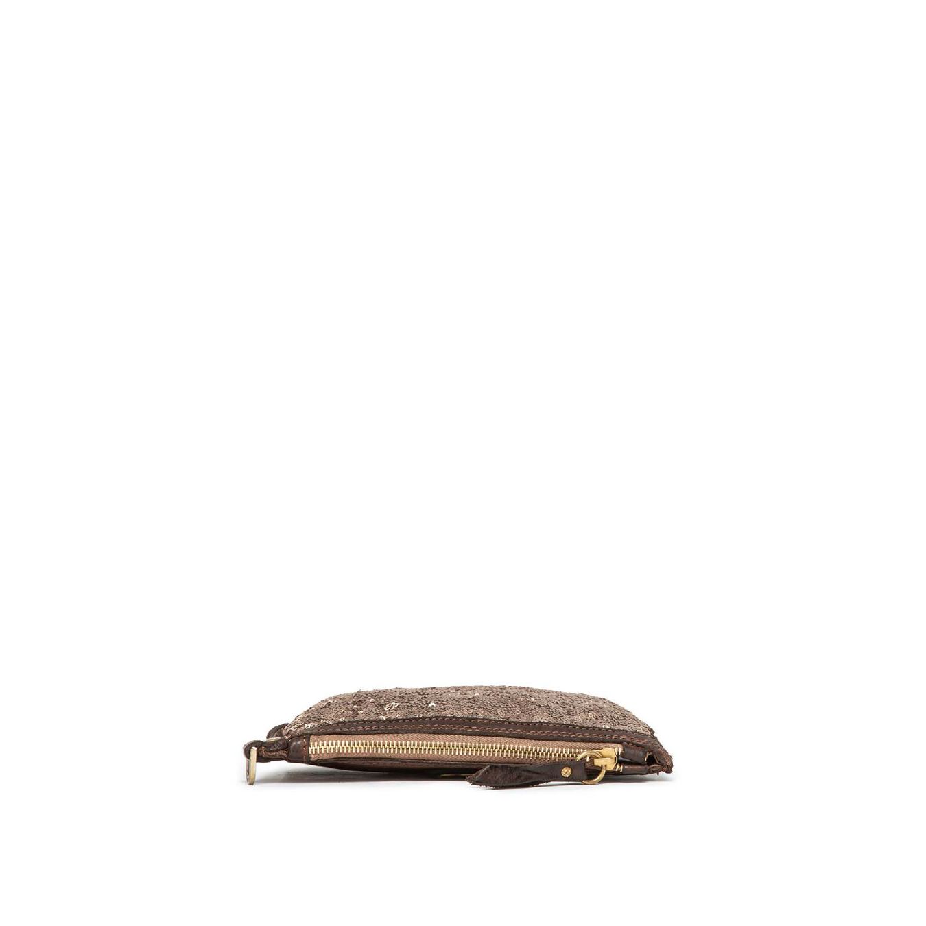 clutch in pelle marrone e paillettes