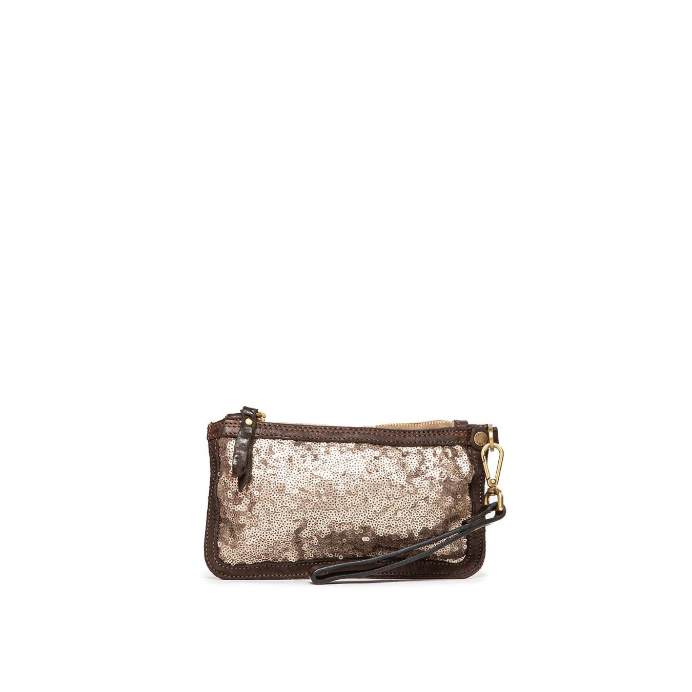 clutch in pelle marrone e paillettes