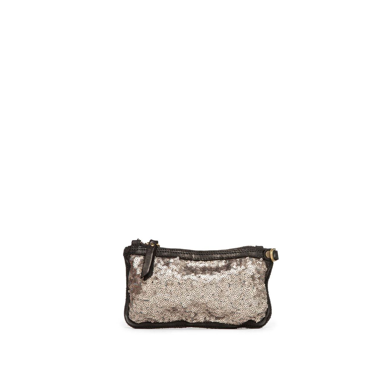 clutch in pelle nera e paillettes