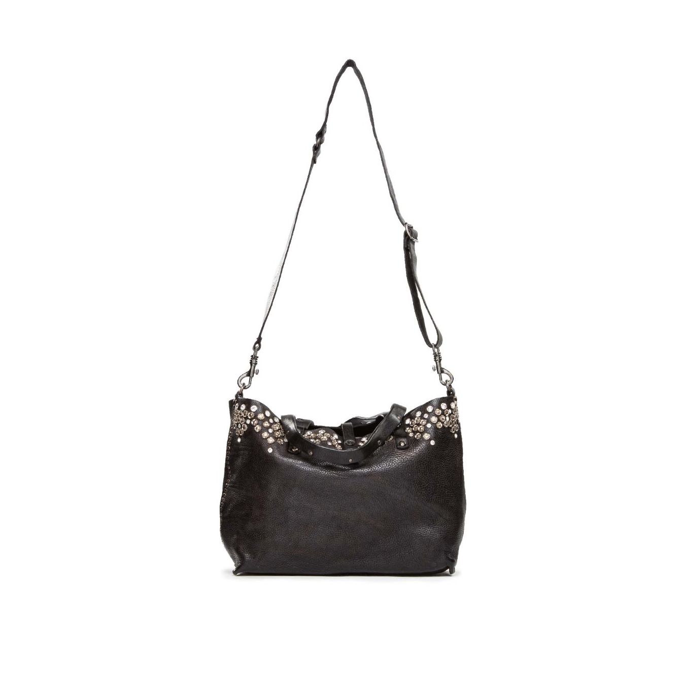 CAMPOMAGGI shopper in pelle nera con strass e borchie 