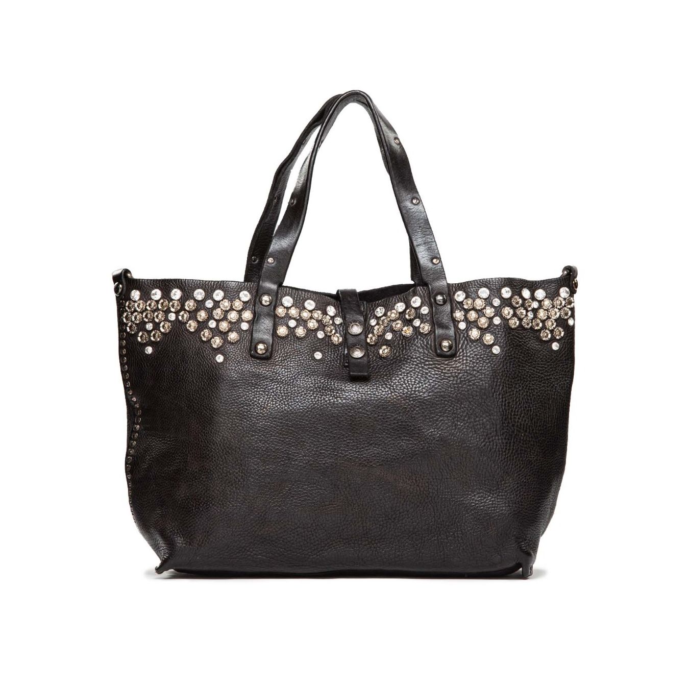 CAMPOMAGGI shopper in pelle nera con strass e borchie 