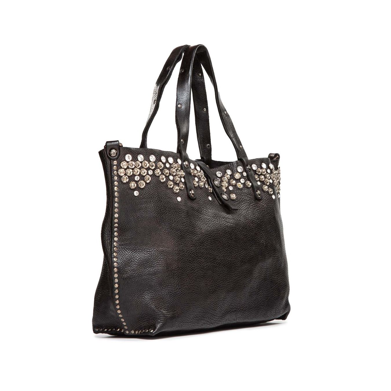 CAMPOMAGGI shopper in pelle nera con strass e borchie 