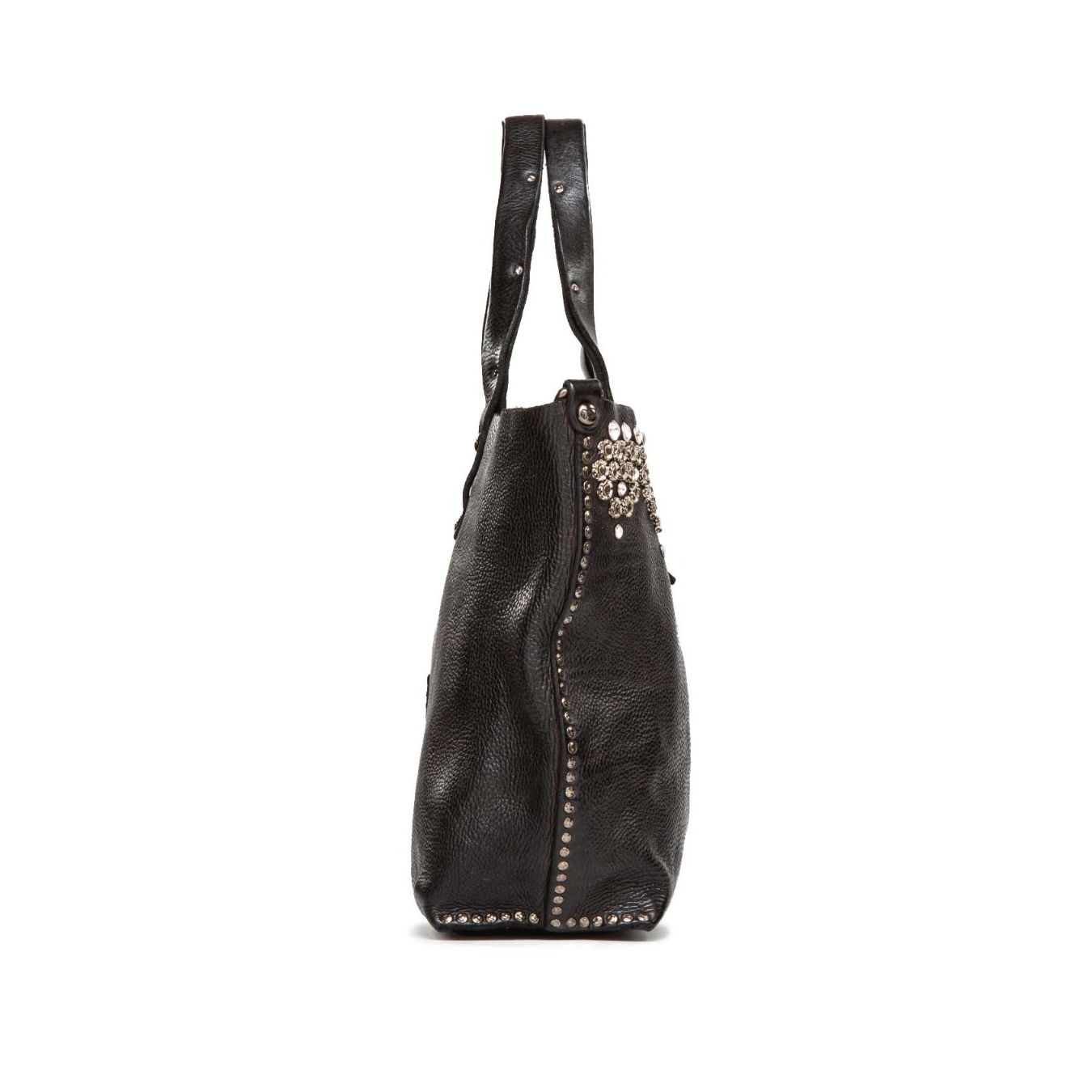 CAMPOMAGGI shopper in pelle nera con strass e borchie 